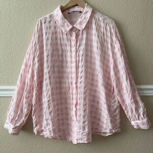 Zara Cotton Blend Gingham Pink White Checkered Button Down Blouse Size Large